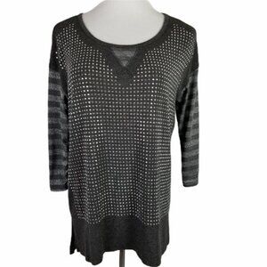 B'leev Metallic Studded Tunic‎ Blouse Women's Medium Gray Silver 3/4 Sleeve